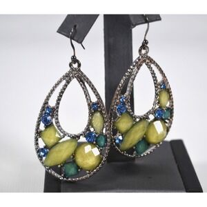 Silver Tone Teardrop Hook Earrings Green Flat Faceted Bead Blue Rhinestones 2.5"